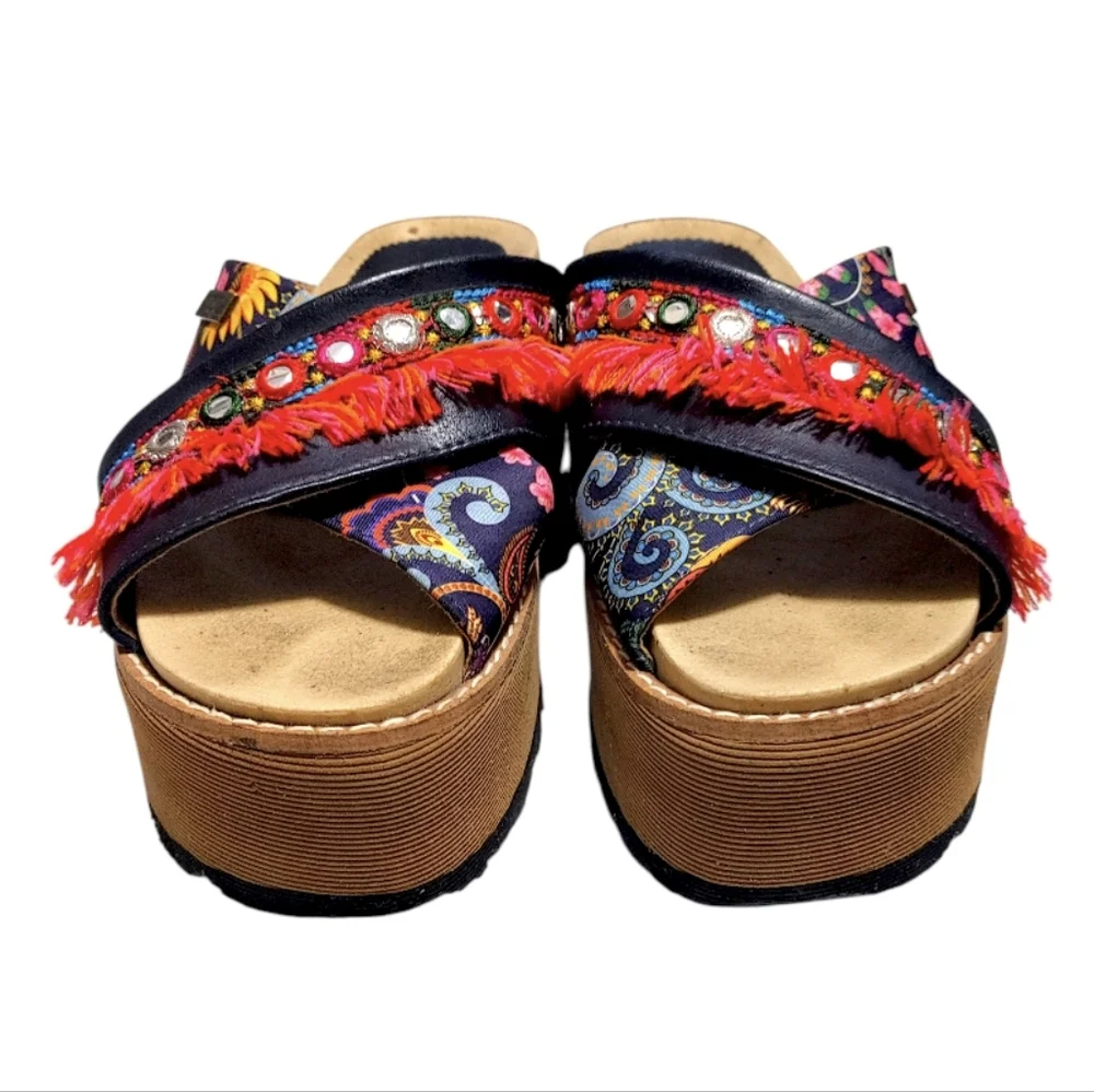 Puro Colorful Leather Fringe Boho Platform Slip On Slide Sandals Womens Size 7